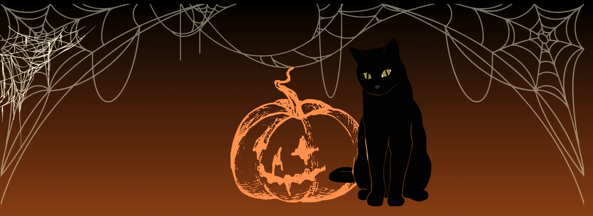 black cat and jack-o-lantern surrounded by cobwebs