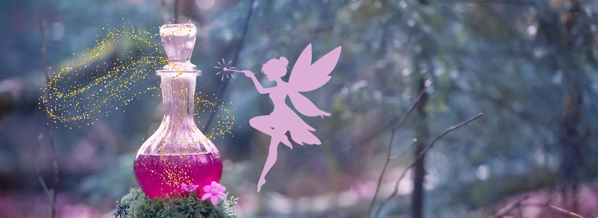 fairy silhouette next to glass potion bottle in a woodland backdrop.